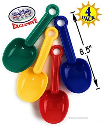 Matty's Toy Stop 8.5" Plastic Rounded Scoop Sand Shovels for Kids Red Blue Green & Yellow Complete Gift Set Party Bundle 4 Pack