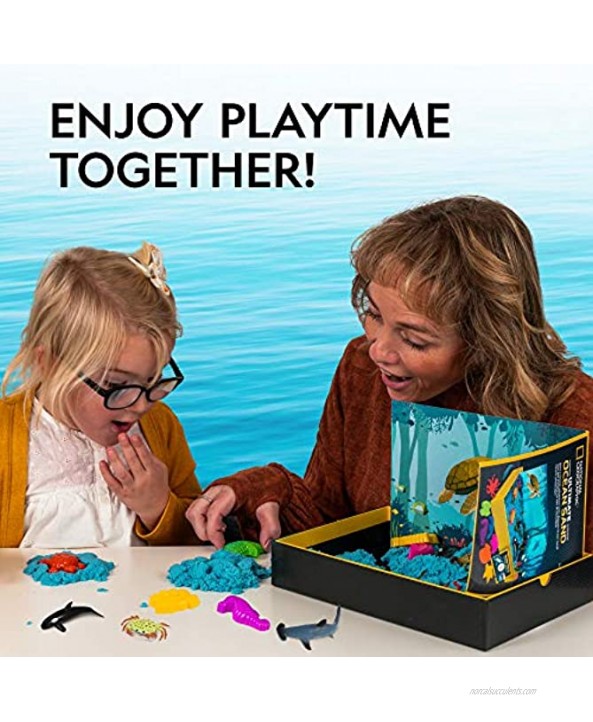 NATIONAL GEOGRAPHIC Ocean Play Sand 2 Pounds of Play Sand 6 Molds 6 Ocean Animal Figures Activity Tray A Kinetic Sensory Sand Activity Kit for Boys and Girls