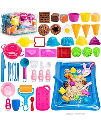 Play Sand Ice Cream Kit 3lbs Magic Sand Food Sand Molds Tools Kitchen Toys Sand Tray and Storage Bag 44PCS Sandbox Toys Set for Toddlers Kids Boys Grils