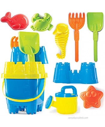 Prextex 10 Piece Beach Toys Sand Toys Set Bucket with Sifter Shovel Rake Watering Can Animal and Castle Sand Molds