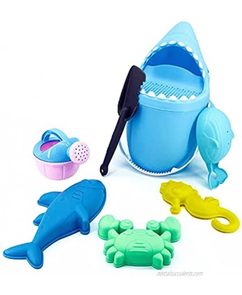 Sytle-Carry 7 Piece Beach Toys Sand Toys Set Shark Bucket with Sifter,Shovel,Watering Can Animal Sand Molds