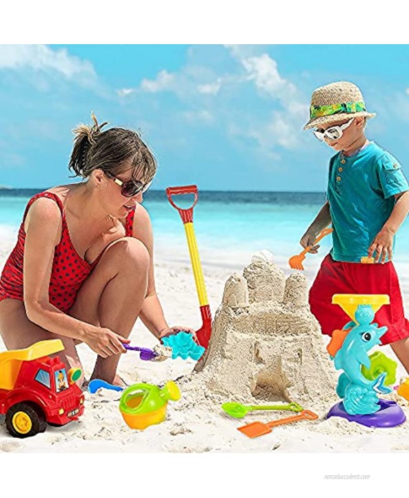 TEMI Beach Sand Toys for 3 4 5 6 7 Year Old Boys w Water Wheel Dump Truck Bucket Shovels Rakes Watering Can Molds Outdoor Tool Kit for Kids Toddlers Boys and Girls