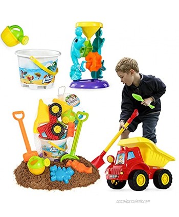 TEMI Beach Sand Toys for 3 4 5 6 7 Year Old Boys w  Water Wheel Dump Truck Bucket Shovels Rakes Watering Can Molds Outdoor Tool Kit for Kids Toddlers Boys and Girls