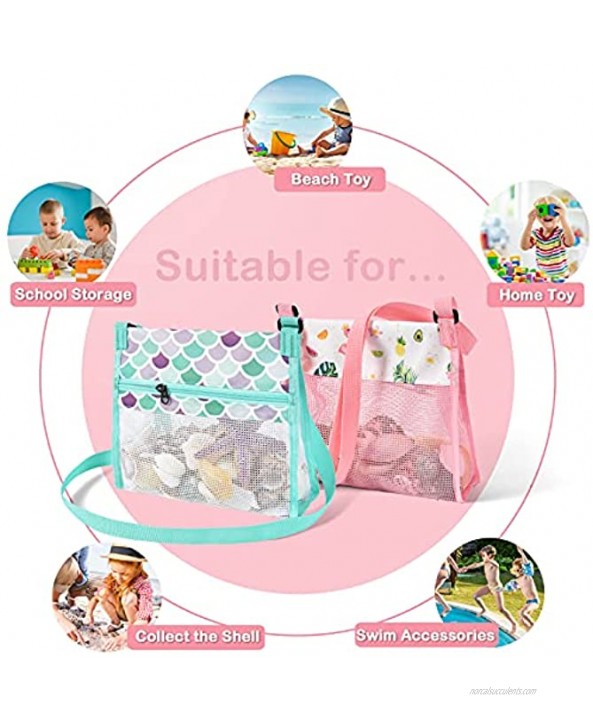 WERNNSAI Seashell Beach Bags 2 Packs 9.4” x 9.8” Shell Mesh Bags for Kids Girls Beach Toy Bags Sand Away Summer Vacation Flamingo Mermaid Shell Bags with Adjustable Carrying Straps and Zipper