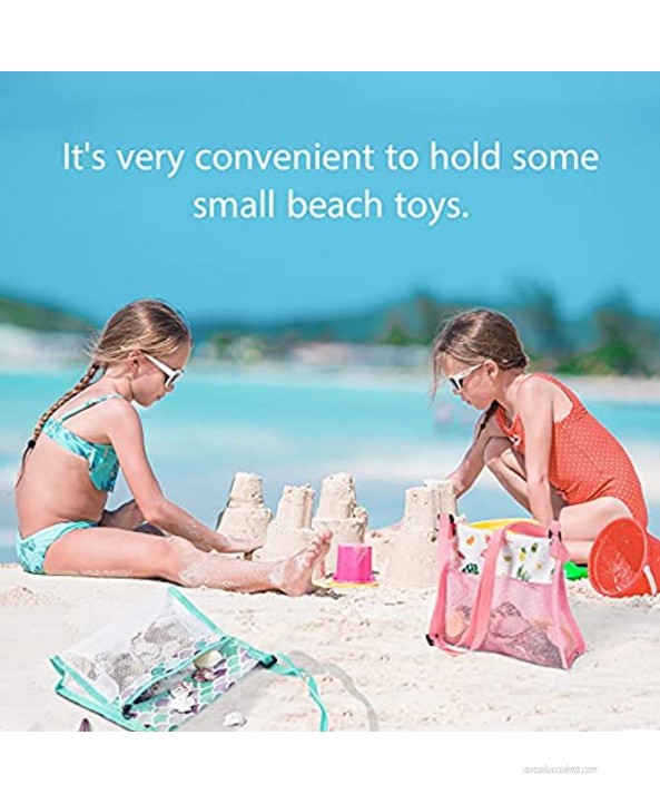 WERNNSAI Seashell Beach Bags 2 Packs 9.4” x 9.8” Shell Mesh Bags for Kids Girls Beach Toy Bags Sand Away Summer Vacation Flamingo Mermaid Shell Bags with Adjustable Carrying Straps and Zipper