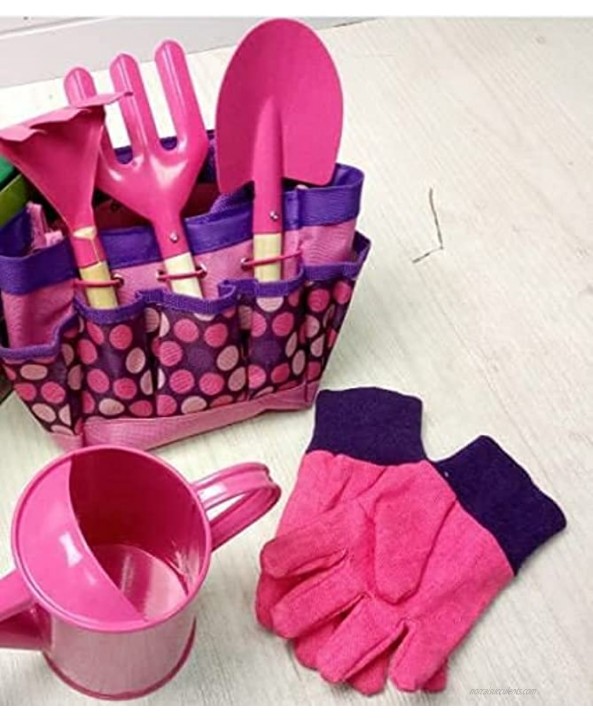 XWell Kids Gardening Tool Set – Includes Toy Shovel for Digging Gloves Watering Can Rake Fork & Bag. Kids Outdoor Play Equipment. Nice Gift for Boys and Girls. Great Pink Set for Beach & Sand Box