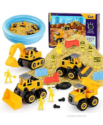 YIDESTARS Toys for 2 3 4 5 6 Year Old Boys Girls ,Play Construction Sand Kit,2.2lbs Play Sand W  4 Large Take Apart Construction Vehicles,13 in 1 Play Sand Set