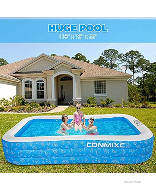 Inflatable Swimming Pool for Kids Adults 118” x 72” x 22” CONMIXC Blow Up Kiddie Pool Heavy Duty Thickened Family Lounge Pool Plastic Kids Pool for Outdoor Indoor Backyard Garden