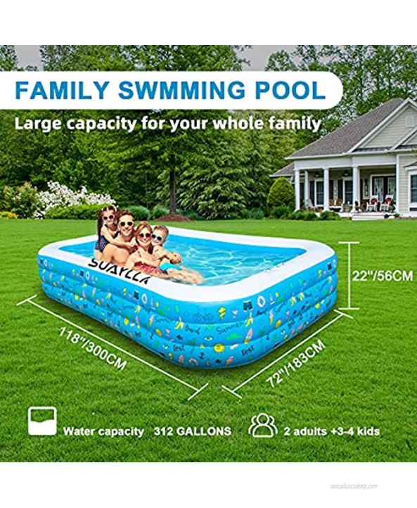 Inflatable Swimming Pool Full-Sized Inflatable Pools SUAYLLA 118 X 72 X 22 Thickened Blow up Pool with 4 Patches for Family Adults Baby Toddlers Kids Backyard Outdoor Garden Ground