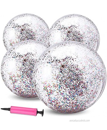 4 Pack Glitter Beach Balls Inflatable Confetti Sports Beach Balls Floatable Sequin Beachballs Jumbo Pool Toys Balls Giant Clear Beach Ball Bulk for Summer Beach Favor Water Fun Swimming Pool Party Toy
