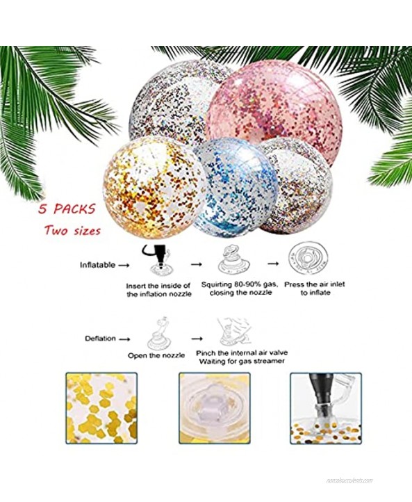 5 Packs Inflatable Beach Balls Confettis Glitters Jumbo Pool Toys Balls Giant Large Clear Sequins Water Beach Ball Swimming Pool Party Ball for Summer Beach Pool and Party Favor for Kids Adults