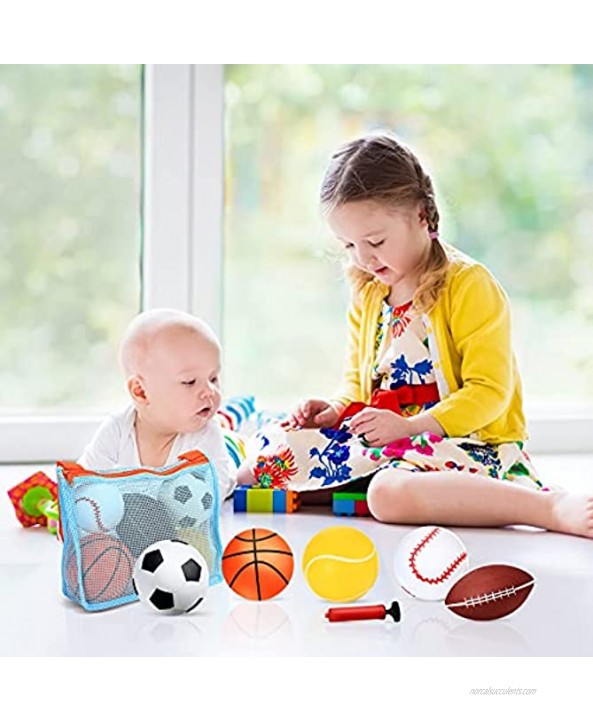 5 Pieces Baby Ball Mini Inflatable Sport Balls Include Soccer Ball Basketball Baseball Football and Tennis Ball with Pump and Mesh Bag for Toddlers Indoor Outdoor Playground Garden Beach Pool Toys