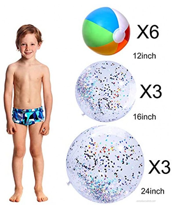 Golray 12 Pack Sequin Beach Ball Pool Toys Glitter Giant Inflatable Beach Balls Pool Water Fun Toys Outdoor Summer Beach Party Favors for Kids Adults 24-3 Pcs,16-3 Pcs 12-6 pcs Rainbow Ball