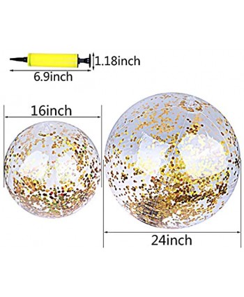 Omigga 4 Pieces Glitter Beach Ball Inflatable Confetti Beach Ball 1 Pcs Air Pump for Summer Beach Play and Pool Party Gold ,16 Inch-3 Pieces and 24 Inch-1 Piece