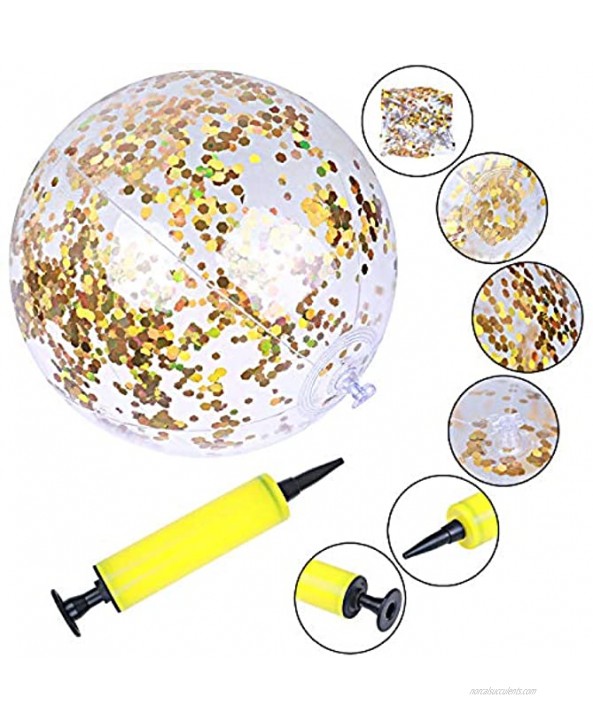 Omigga 4 Pieces Glitter Beach Ball Inflatable Confetti Beach Ball 1 Pcs Air Pump for Summer Beach Play and Pool Party Gold ,16 Inch-3 Pieces and 24 Inch-1 Piece