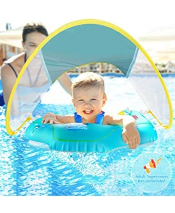 Baby Swimming Float Inflatable Pool with Sun Canopy No Flip Over Adjustable Canopy for Baby Safety & Soft Swim Buoys for Toddler Baby Boy Girl Age of 3-24 Months