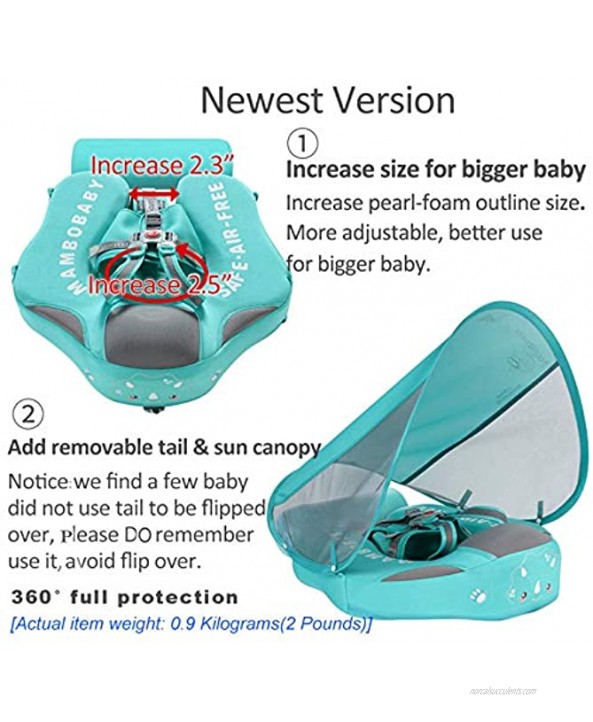 Mambobaby Newest Add Tail Never Flip Over Non-Inflatable Baby Swim Float Soft Skin-Friendly Cloth Pearl Foam Solid Water Floats Smart Swim Trainer Infant Pool Float Swim Ring with Sun Canopy blueG