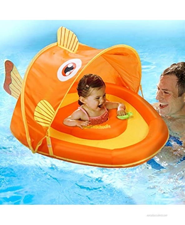 SwimSchool Gold-E-Fish Fabric Baby Boat Splash and Play Adjustable Safety Seat Extra-Wide Inflatable Pool Float Retractable Canopy UPF 50 6 to 24 Months Orange