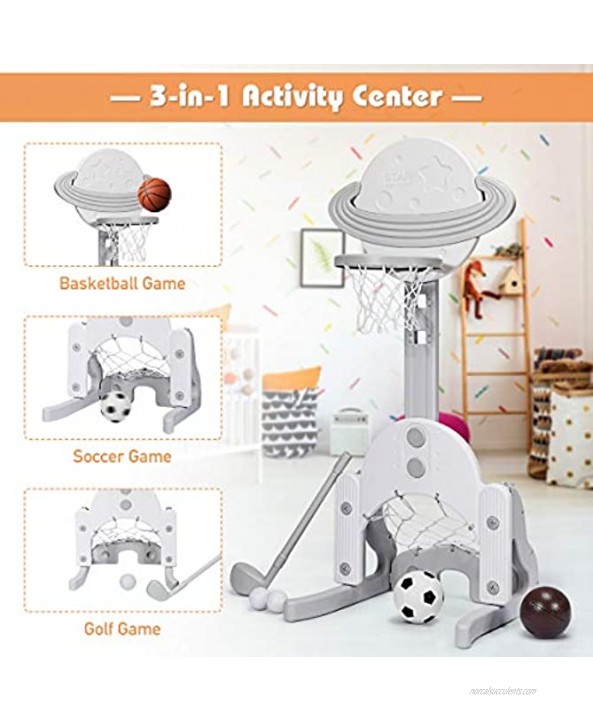 Costzon Kids Basketball Hoop Toddler Sports Activity Center w 5 Adjustable Height Levels Basketball Soccer Golf Game Set Indoor Outdoor Basketball Hoop Set Best Gift for Baby Infant White Galaxy