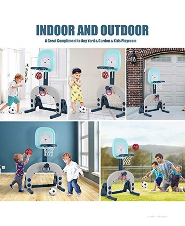 Kids Basketball Hoop Stand Set 3 in 1 Activity Center for Toddler Adjustable Height Toy Sports Set with Basketball Football Soccer Goal Ring Toss Indoor and Outdoor Gifts for Boys and Girls