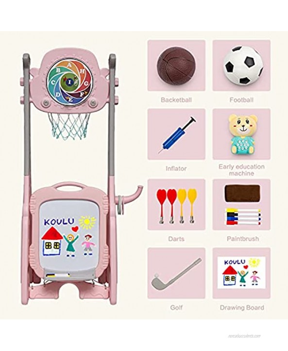 Kinsuite 7 in 1 Kids Adjustable Basketball Hoop Set Stand with Football Soccer Goal Ring Toss Dart Board Drawing Board Music Box Golf Game for Baby Infants Toddler Pink