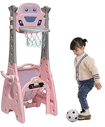Kinsuite 7 in 1 Kids Adjustable Basketball Hoop Set Stand with Football Soccer Goal Ring Toss Dart Board Drawing Board Music Box Golf Game for Baby Infants Toddler Pink