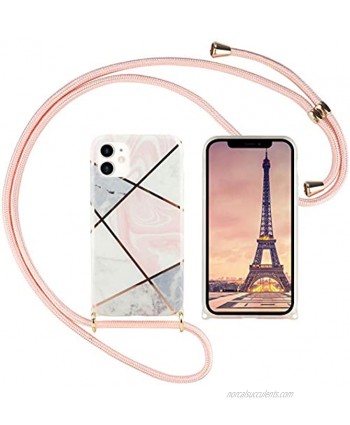 Herzzer For iPhone 12 Pro Max 6.7" Girly Crossbody Plating Case with Strap Lanyard,Women Girls Cute Marble Pattern Shockproof Soft TPU Bumper Long Necklace Phone Case Cover,Light Pink