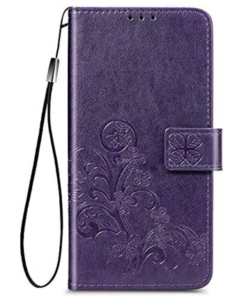 Purple Leather Case for OnePlus Nord 5G,Strap Wallet Flip Cover for OnePlus Nord 5G,Herzzer Classic Pretty Four Leaf Clover Print Magnetic Card Slots Stand Folio Case with Soft TPU