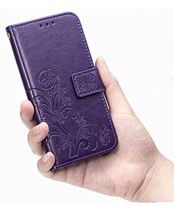Purple Leather Case for OnePlus Nord 5G,Strap Wallet Flip Cover for OnePlus Nord 5G,Herzzer Classic Pretty Four Leaf Clover Print Magnetic Card Slots Stand Folio Case with Soft TPU