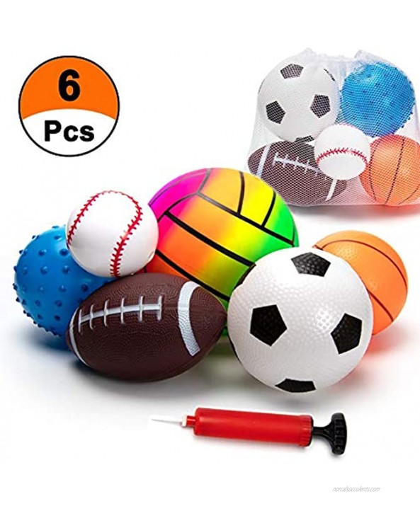 beetoy 6 Pcs Inflatable Sport Toddler Balls Set with Pump for Toddler Includes Football Basketball Volleyball Baseball Rugby Spike and Bag Backyard Game Outdoor Sports for Kids