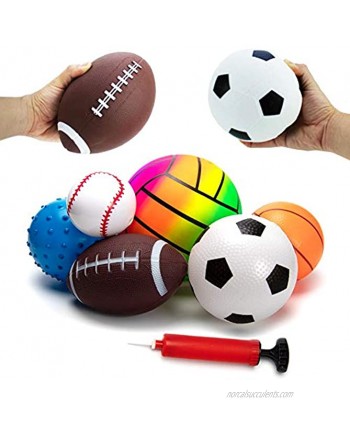 beetoy 6 Pcs Inflatable Sport Toddler Balls Set with Pump for Toddler Includes Football Basketball Volleyball Baseball Rugby Spike and Bag Backyard Game Outdoor Sports for Kids