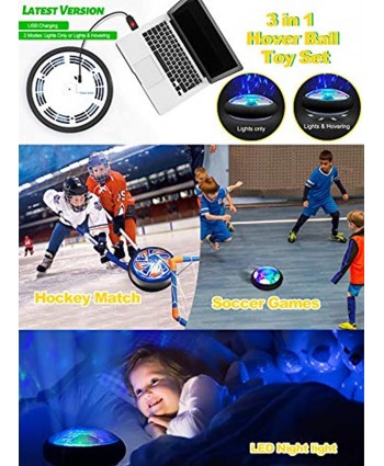 Binggle 3 in1 Hover Soccer Hockey Balls for Kids Hover Toys Set with 2 Goals USB Rechargeable LED Light Floating Ball Indoor Outdoor Sports Games Ideal Gifts for 6-12 Boys Girls