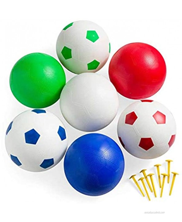 HearthSong Inflatable Soccer Pool Backyard Game for Kids and Adults with 14'L x 7'W x 18 H Arena and Seven Inflatable Balls 8½ diam. Ground Stakes and Repair Patch Kit Included