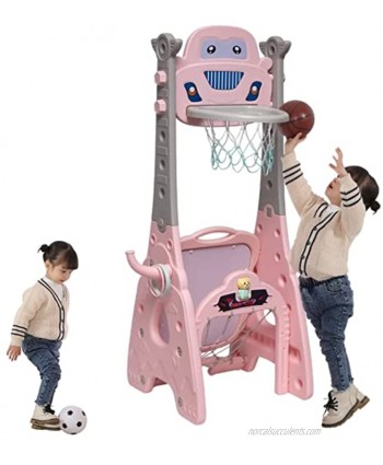 Kids 7 in 1 Sports Activity Center Adjustable Basketball Hoop Set with Football Soccer Goal Ring Toss Dart Board Drawing Board Music Box Golf Game for Baby Infants Toddler Pink