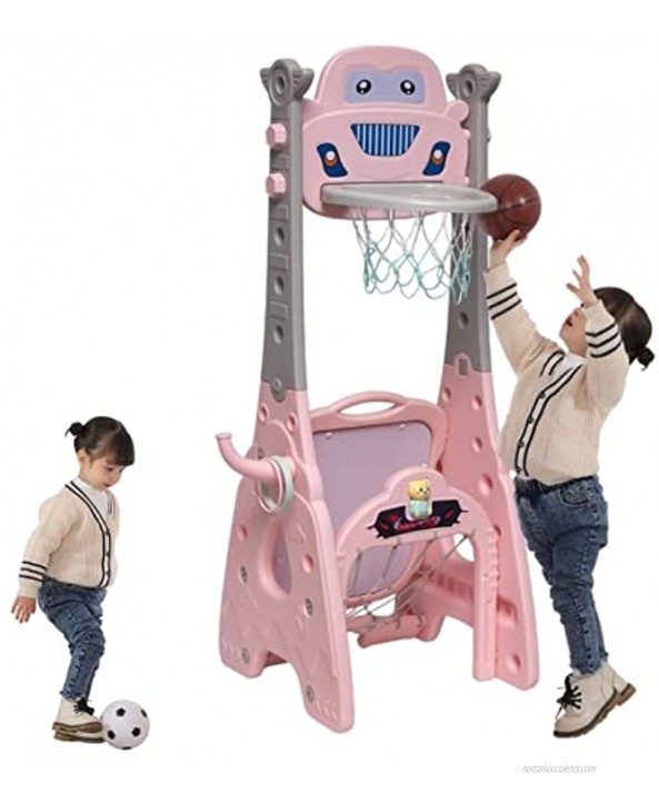 Kids 7 in 1 Sports Activity Center Adjustable Basketball Hoop Set with Football Soccer Goal Ring Toss Dart Board Drawing Board Music Box Golf Game for Baby Infants Toddler Pink