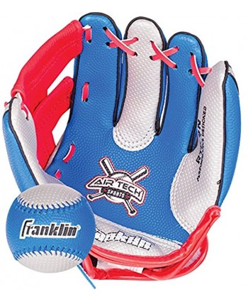 Franklin Sports Kids Baseball Glove + Ball Set Air Tech Youth Teeball Glove Boys + Girls Children's Glove + Ball Right Hand Throw Red Blue 9"