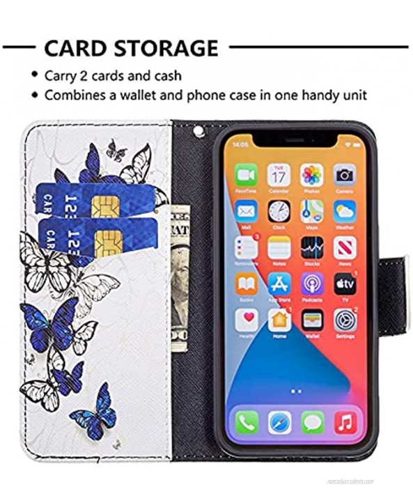 Wallet Leather Case for iPhone 13 Pro Max,Herzzer Stylish Colorful Pattern Magnetic Purse Folio Stand Cover with Card Cash Slot Soft TPU Case for iPhone 13 Pro Max,Blue White Butterfly