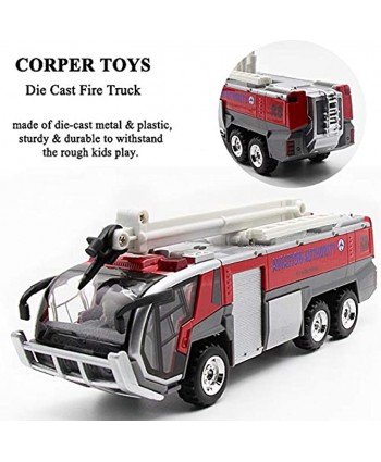 CORPER TOYS Fire Engine Truck with Extending Folding Water Hose Die Cast Airport Fire Fighter Aviation Authority Pull Back Toy Car for Kids with Lights and Sounds