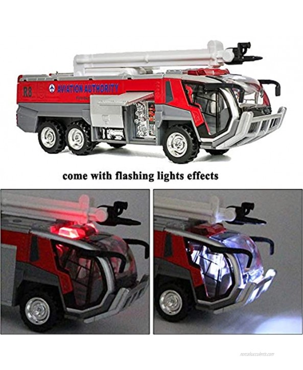 CORPER TOYS Fire Engine Truck with Extending Folding Water Hose Die Cast Airport Fire Fighter Aviation Authority Pull Back Toy Car for Kids with Lights and Sounds