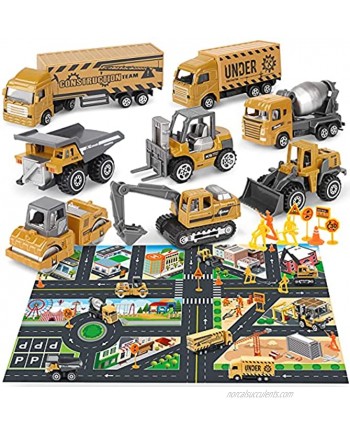 Dreamon Construction Vehicles Toys with Excavator Tractor Dump Truck Toys and Play Mat Mini Engineer Diecast Cars Road Signs Construction Car Toys Gift for Kids Toddlers