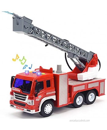 Fire Truck Toy with Lights and Sounds 10.5" Friction Powered Car Fire Engine Truck with Water Pump Sirens and Extending Ladder Firefighter Toy Truck for Toddler 1:16 Scale Toy Car