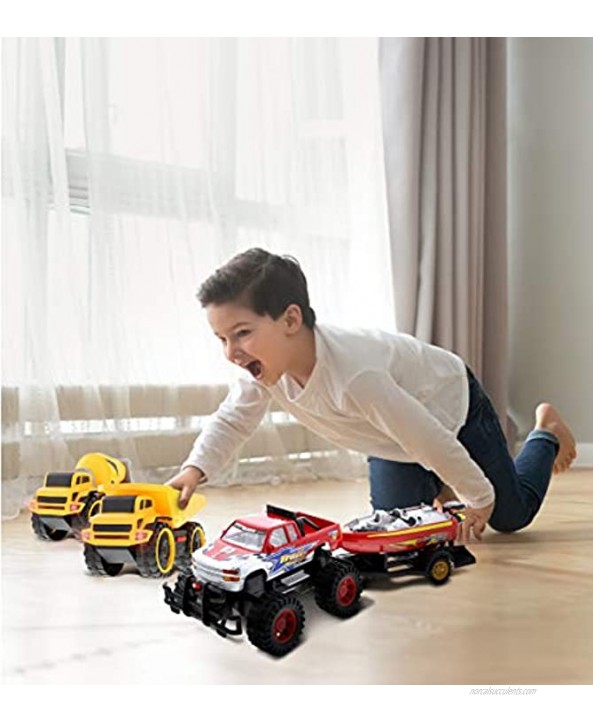 Mozlly Bundle of Friction Powered Construction Dump Truck & Concrete Mixer with Sounds & Lights & Monster Truck with Speed Boat Trailer Playset Push & Go Fun Toy Cars 3 Pc Set Styles May Vary