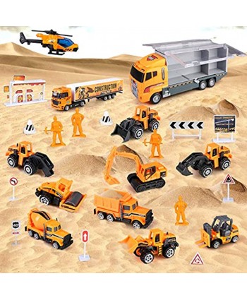 27 in 1 Engineering Construction Truck Car Toy Set Alloy Transport Truck with Workers and Road Signs Play Vehicles in Carrier Gifts for 3+ Kids Boys and Girls