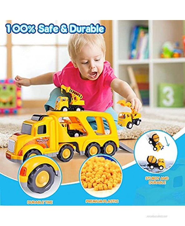 Construction Vehicles Transport Truck Carrier Toy with Excavator Mixer Crane Dump Real Siren Brake Sounds & Lights Removable Engineering Vehicle Parts Gift for Kids Boys Girls