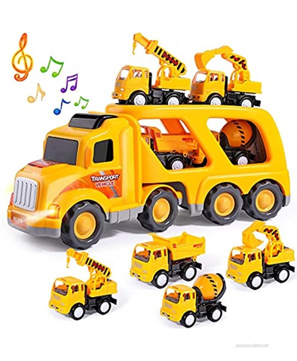 Construction Vehicles Transport Truck Carrier Toy with Excavator Mixer Crane Dump Real Siren Brake Sounds & Lights Removable Engineering Vehicle Parts Gift for Kids Boys Girls