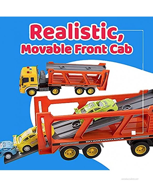 Friction Powered Transport Car Carrier Truck Kids Toy Heavy Duty Auto Transporter Trailer with Lights Sound Effects and Ramp Includes 4 Removable Cars