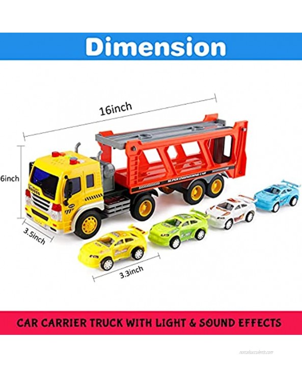 Friction Powered Transport Car Carrier Truck Kids Toy Heavy Duty Auto Transporter Trailer with Lights Sound Effects and Ramp Includes 4 Removable Cars