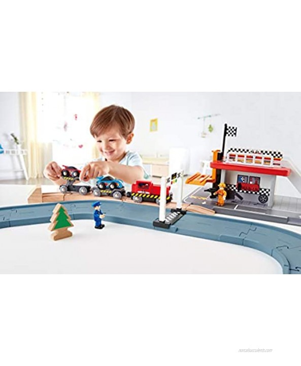Hape Race Car Transporter | Six-Piece Wooden Toy Train Car Transport Set for Kids Multicolor L: 11 W: 2 H: 1.5 inch