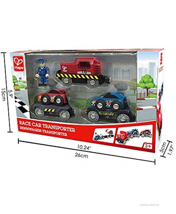 Hape Race Car Transporter | Six-Piece Wooden Toy Train Car Transport Set for Kids Multicolor L: 11 W: 2 H: 1.5 inch