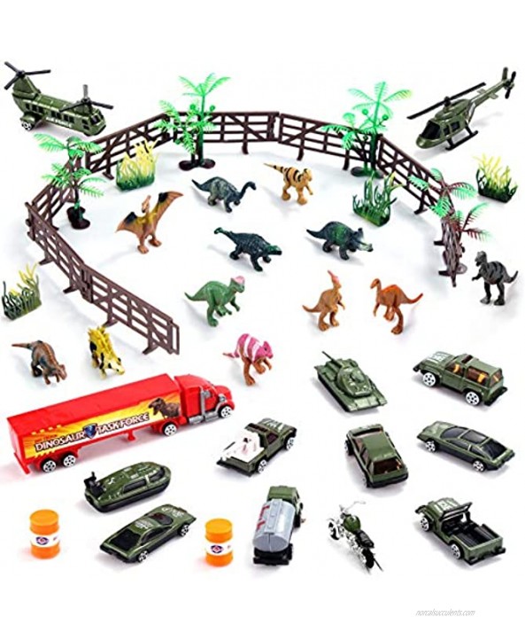 JOYIN Dinosaur Carrier Truck with 12 Dinosaurs and 13 Vehicles Dino Park Pretend Play Toy with Military Vehicle Tanks Helicopter Dinosaur Figures